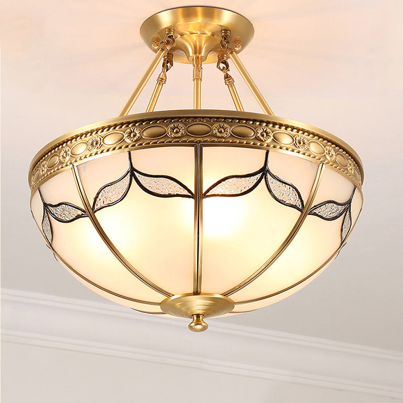 14"/18" W Retro Style Dome Ceiling Light 3/4 Bulbs Milky Glass Leaf Patterned Semi Flush Mount Lighting in Brass Clearhalo 'Ceiling Lights' 'Close To Ceiling Lights' 'Close to ceiling' 'Glass shade' 'Glass' 'Semi-flushmount' Lighting' 1515561