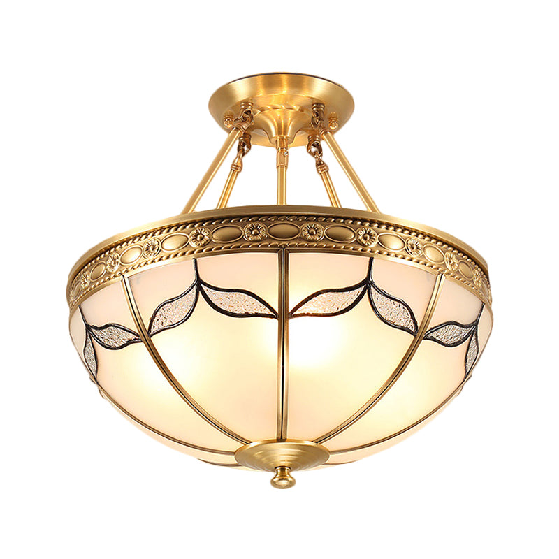 14"/18" W Retro Style Dome Ceiling Light 3/4 Bulbs Milky Glass Leaf Patterned Semi Flush Mount Lighting in Brass Clearhalo 'Ceiling Lights' 'Close To Ceiling Lights' 'Close to ceiling' 'Glass shade' 'Glass' 'Semi-flushmount' Lighting' 1515562