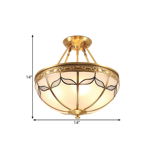 14"/18" W Retro Style Dome Ceiling Light 3/4 Bulbs Milky Glass Leaf Patterned Semi Flush Mount Lighting in Brass Clearhalo 'Ceiling Lights' 'Close To Ceiling Lights' 'Close to ceiling' 'Glass shade' 'Glass' 'Semi-flushmount' Lighting' 1515563