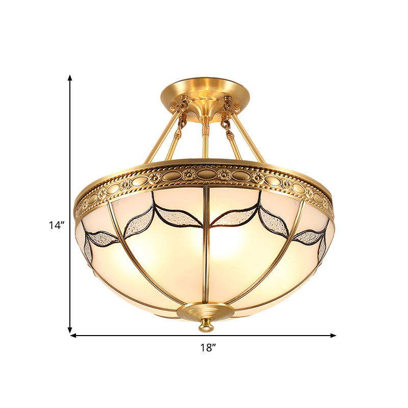 14"/18" W Retro Style Dome Ceiling Light 3/4 Bulbs Milky Glass Leaf Patterned Semi Flush Mount Lighting in Brass Clearhalo 'Ceiling Lights' 'Close To Ceiling Lights' 'Close to ceiling' 'Glass shade' 'Glass' 'Semi-flushmount' Lighting' 1515564