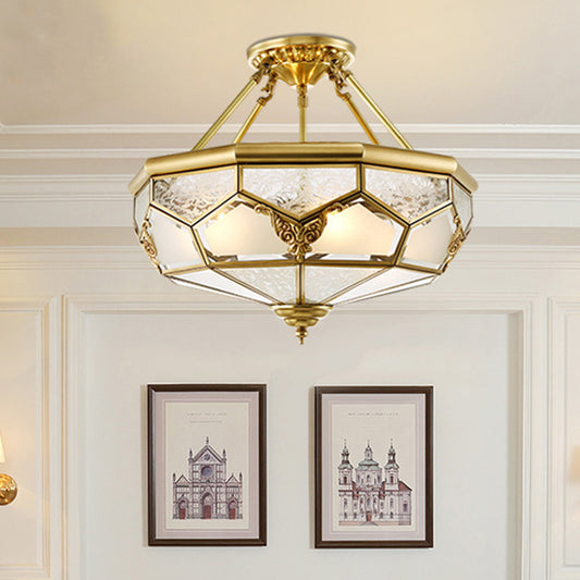 Opaline Glass Brass Semi Flush Mount Faceted Dome 3/4 Lights Country Printed Close to Ceiling Lamp, 14"/18" Width Brass Clearhalo 'Ceiling Lights' 'Close To Ceiling Lights' 'Close to ceiling' 'Glass shade' 'Glass' 'Semi-flushmount' Lighting' 1515565