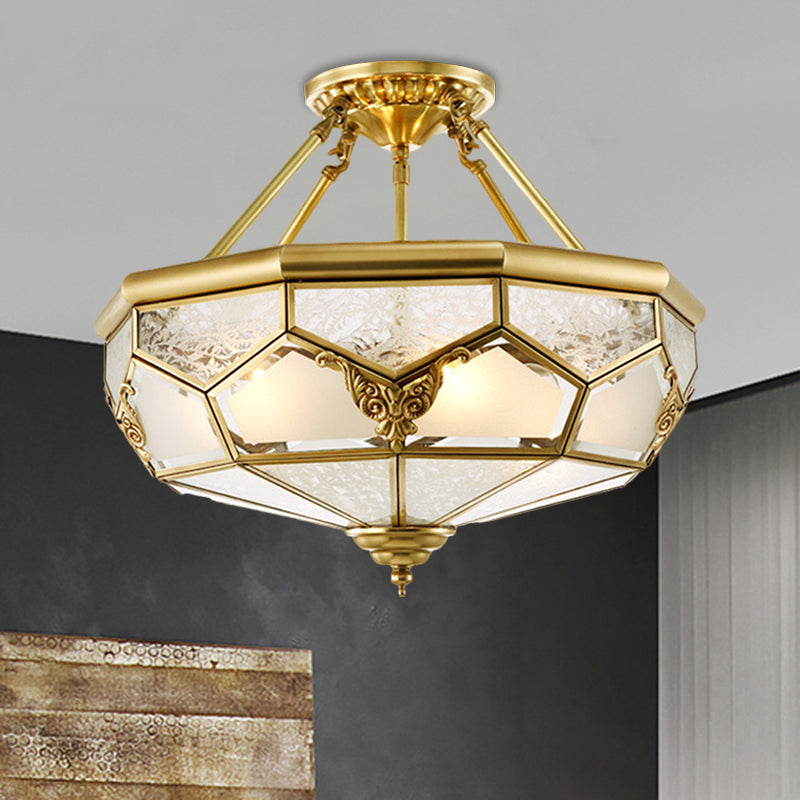 Opaline Glass Brass Semi Flush Mount Faceted Dome 3/4 Lights Country Printed Close to Ceiling Lamp, 14"/18" Width Clearhalo 'Ceiling Lights' 'Close To Ceiling Lights' 'Close to ceiling' 'Glass shade' 'Glass' 'Semi-flushmount' Lighting' 1515566