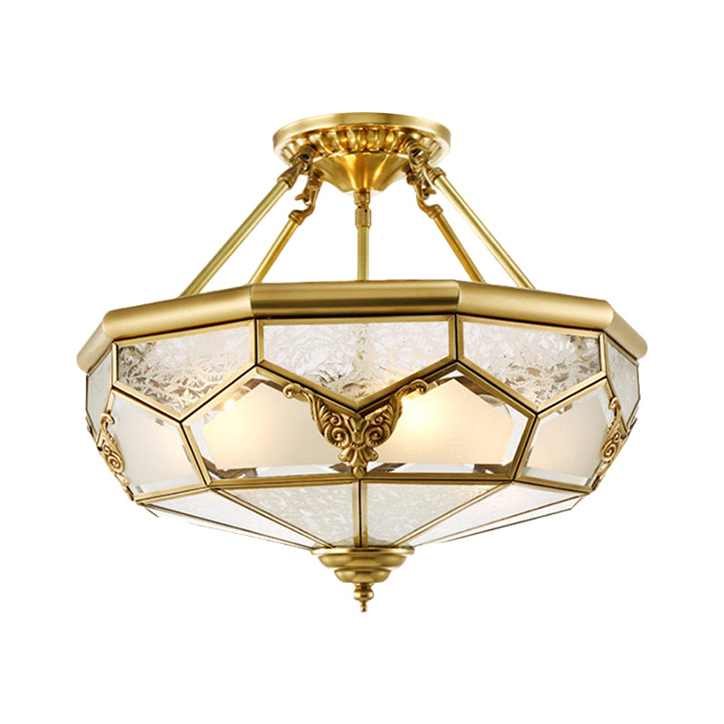 Opaline Glass Brass Semi Flush Mount Faceted Dome 3/4 Lights Country Printed Close to Ceiling Lamp, 14"/18" Width Clearhalo 'Ceiling Lights' 'Close To Ceiling Lights' 'Close to ceiling' 'Glass shade' 'Glass' 'Semi-flushmount' Lighting' 1515567