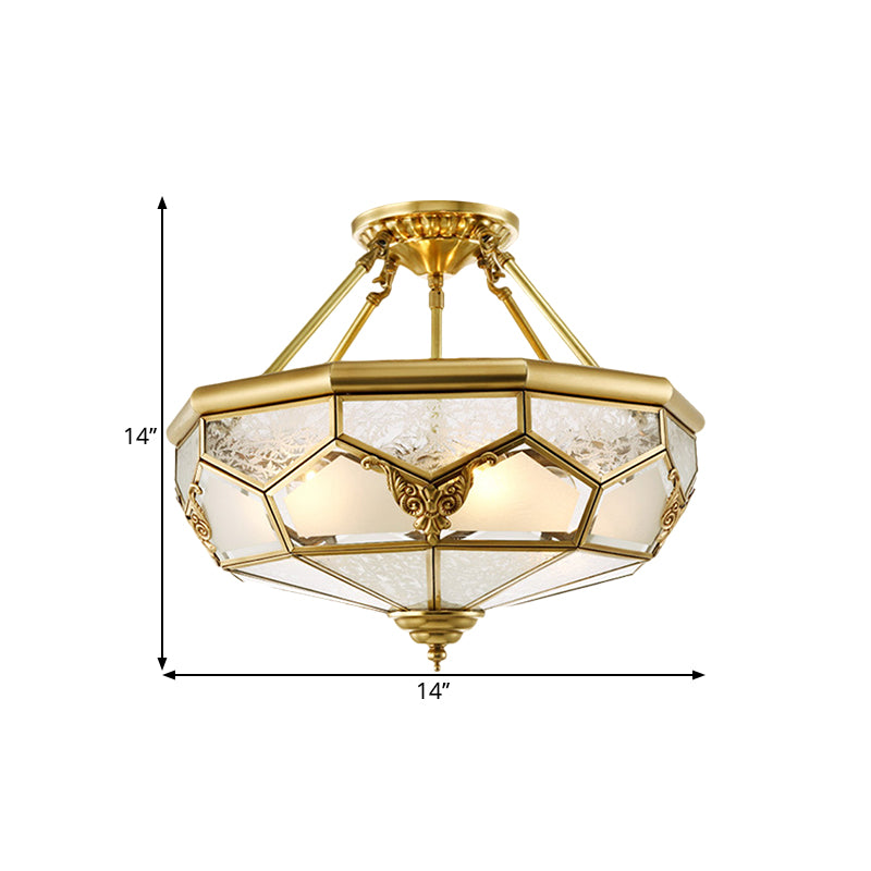 Opaline Glass Brass Semi Flush Mount Faceted Dome 3/4 Lights Country Printed Close to Ceiling Lamp, 14"/18" Width Clearhalo 'Ceiling Lights' 'Close To Ceiling Lights' 'Close to ceiling' 'Glass shade' 'Glass' 'Semi-flushmount' Lighting' 1515568