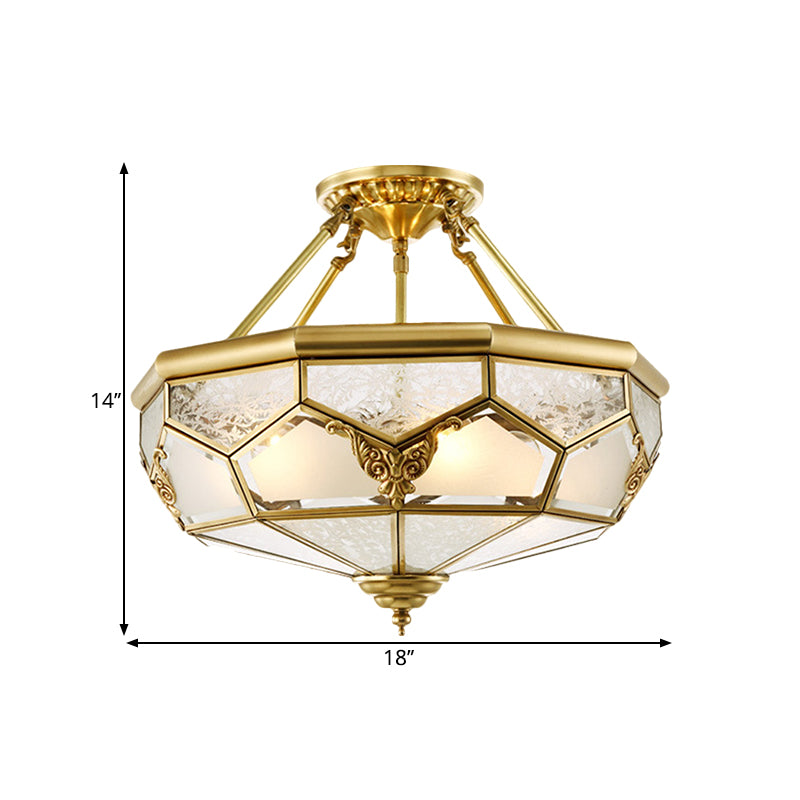 Opaline Glass Brass Semi Flush Mount Faceted Dome 3/4 Lights Country Printed Close to Ceiling Lamp, 14"/18" Width Clearhalo 'Ceiling Lights' 'Close To Ceiling Lights' 'Close to ceiling' 'Glass shade' 'Glass' 'Semi-flushmount' Lighting' 1515569