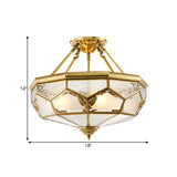 Opaline Glass Brass Semi Flush Mount Faceted Dome 3/4 Lights Country Printed Close to Ceiling Lamp, 14"/18" Width Clearhalo 'Ceiling Lights' 'Close To Ceiling Lights' 'Close to ceiling' 'Glass shade' 'Glass' 'Semi-flushmount' Lighting' 1515569