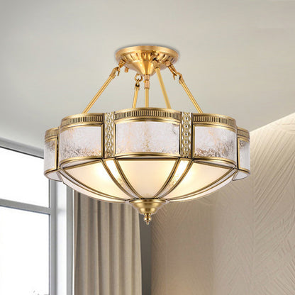 Traditional Blossom Ceiling Lighting 14"/18" Wide 3/4 Bulbs Frosted Glass Patterned Semi Flush Light Fixture in Brass Brass Clearhalo 'Ceiling Lights' 'Close To Ceiling Lights' 'Close to ceiling' 'Glass shade' 'Glass' 'Semi-flushmount' Lighting' 1515570