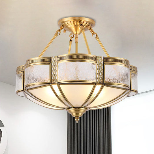 Traditional Blossom Ceiling Lighting 14"/18" Wide 3/4 Bulbs Frosted Glass Patterned Semi Flush Light Fixture in Brass Clearhalo 'Ceiling Lights' 'Close To Ceiling Lights' 'Close to ceiling' 'Glass shade' 'Glass' 'Semi-flushmount' Lighting' 1515571