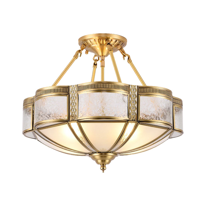 Traditional Blossom Ceiling Lighting 14"/18" Wide 3/4 Bulbs Frosted Glass Patterned Semi Flush Light Fixture in Brass Clearhalo 'Ceiling Lights' 'Close To Ceiling Lights' 'Close to ceiling' 'Glass shade' 'Glass' 'Semi-flushmount' Lighting' 1515572