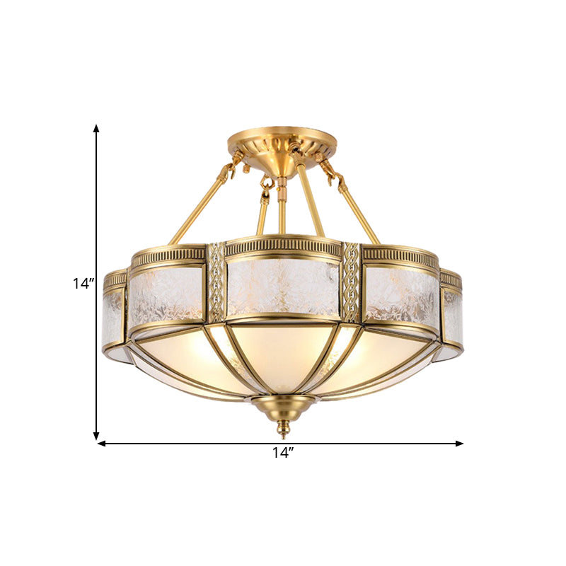 Traditional Blossom Ceiling Lighting 14"/18" Wide 3/4 Bulbs Frosted Glass Patterned Semi Flush Light Fixture in Brass Clearhalo 'Ceiling Lights' 'Close To Ceiling Lights' 'Close to ceiling' 'Glass shade' 'Glass' 'Semi-flushmount' Lighting' 1515573