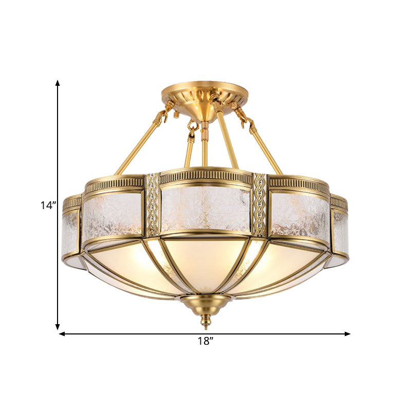 Traditional Blossom Ceiling Lighting 14"/18" Wide 3/4 Bulbs Frosted Glass Patterned Semi Flush Light Fixture in Brass Clearhalo 'Ceiling Lights' 'Close To Ceiling Lights' 'Close to ceiling' 'Glass shade' 'Glass' 'Semi-flushmount' Lighting' 1515574