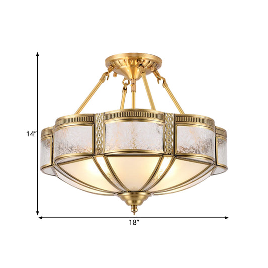 Traditional Blossom Ceiling Lighting 14"/18" Wide 3/4 Bulbs Frosted Glass Patterned Semi Flush Light Fixture in Brass Clearhalo 'Ceiling Lights' 'Close To Ceiling Lights' 'Close to ceiling' 'Glass shade' 'Glass' 'Semi-flushmount' Lighting' 1515574
