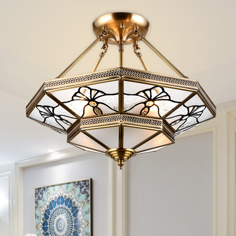 Tapered Drawing Room Flush Lamp Countryside Cream Glass 4-Light Brass Semi Flush Mount with Dragonfly Pattern Brass Clearhalo 'Ceiling Lights' 'Close To Ceiling Lights' 'Close to ceiling' 'Glass shade' 'Glass' 'Semi-flushmount' Lighting' 1515579