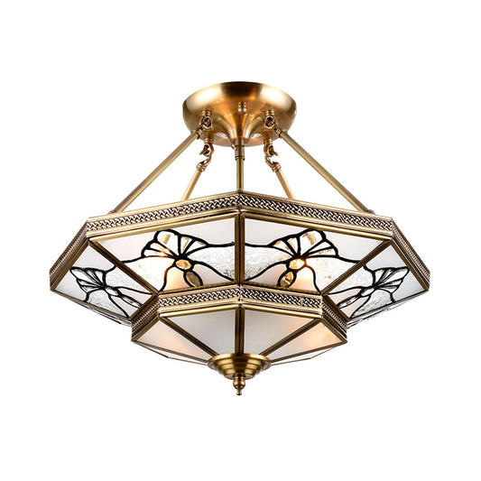 Tapered Drawing Room Flush Lamp Countryside Cream Glass 4-Light Brass Semi Flush Mount with Dragonfly Pattern Clearhalo 'Ceiling Lights' 'Close To Ceiling Lights' 'Close to ceiling' 'Glass shade' 'Glass' 'Semi-flushmount' Lighting' 1515580