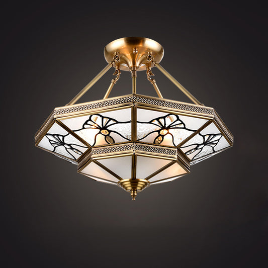 Tapered Drawing Room Flush Lamp Countryside Cream Glass 4-Light Brass Semi Flush Mount with Dragonfly Pattern Clearhalo 'Ceiling Lights' 'Close To Ceiling Lights' 'Close to ceiling' 'Glass shade' 'Glass' 'Semi-flushmount' Lighting' 1515581