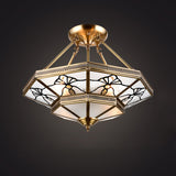 Tapered Drawing Room Flush Lamp Countryside Cream Glass 4-Light Brass Semi Flush Mount with Dragonfly Pattern Clearhalo 'Ceiling Lights' 'Close To Ceiling Lights' 'Close to ceiling' 'Glass shade' 'Glass' 'Semi-flushmount' Lighting' 1515581