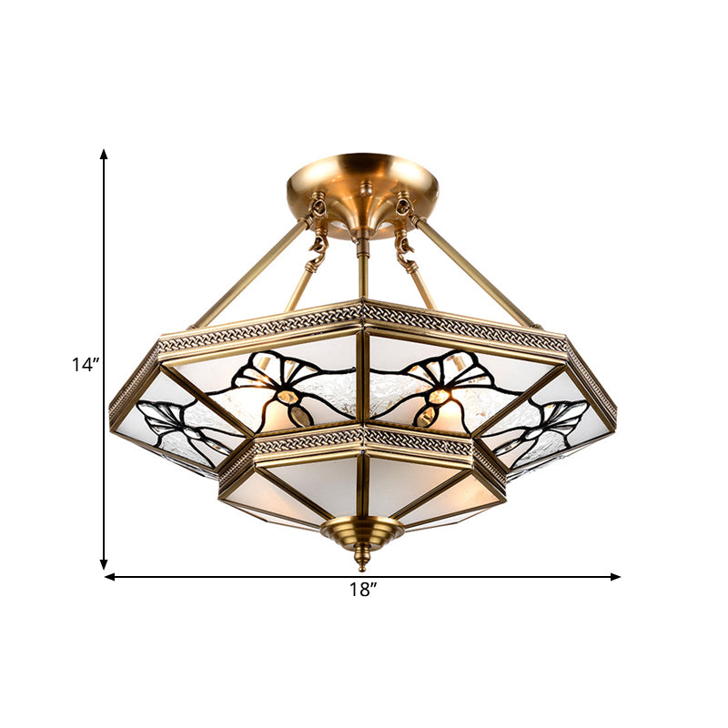 Tapered Drawing Room Flush Lamp Countryside Cream Glass 4-Light Brass Semi Flush Mount with Dragonfly Pattern Clearhalo 'Ceiling Lights' 'Close To Ceiling Lights' 'Close to ceiling' 'Glass shade' 'Glass' 'Semi-flushmount' Lighting' 1515582