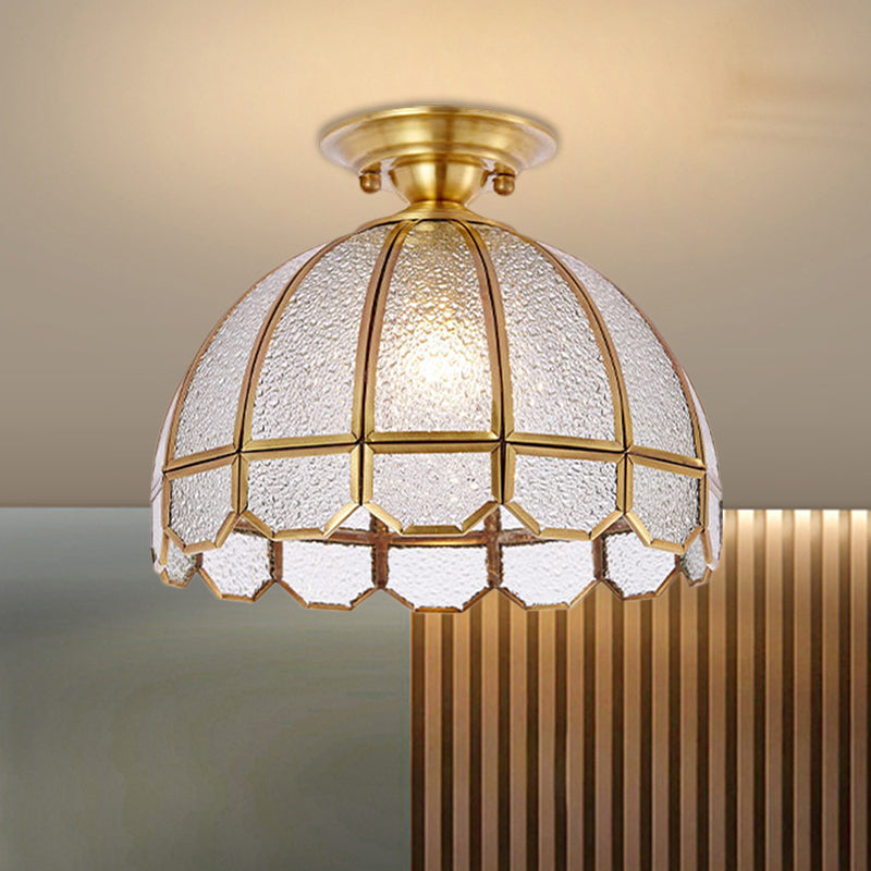 Brass Single Bulb Semi Flush Antiqued Ripple Glass Scalloped Dome Close to Ceiling Light Brass Clearhalo 'Ceiling Lights' 'Close To Ceiling Lights' 'Close to ceiling' 'Glass shade' 'Glass' 'Semi-flushmount' Lighting' 1515583