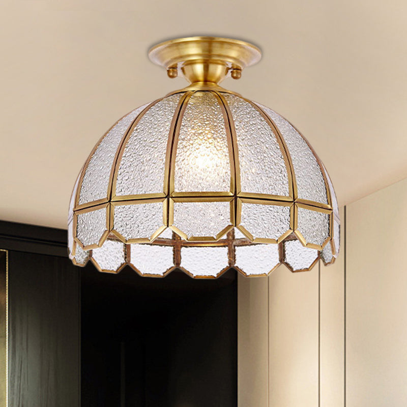 Brass Single Bulb Semi Flush Antiqued Ripple Glass Scalloped Dome Close to Ceiling Light Clearhalo 'Ceiling Lights' 'Close To Ceiling Lights' 'Close to ceiling' 'Glass shade' 'Glass' 'Semi-flushmount' Lighting' 1515584