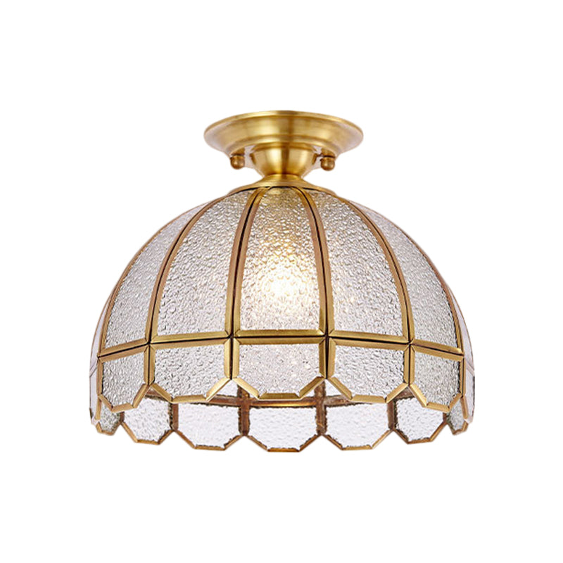 Brass Single Bulb Semi Flush Antiqued Ripple Glass Scalloped Dome Close to Ceiling Light Clearhalo 'Ceiling Lights' 'Close To Ceiling Lights' 'Close to ceiling' 'Glass shade' 'Glass' 'Semi-flushmount' Lighting' 1515585