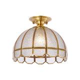Brass Single Bulb Semi Flush Antiqued Ripple Glass Scalloped Dome Close to Ceiling Light Clearhalo 'Ceiling Lights' 'Close To Ceiling Lights' 'Close to ceiling' 'Glass shade' 'Glass' 'Semi-flushmount' Lighting' 1515585