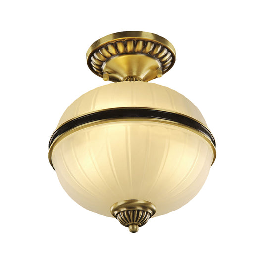 Farmhouse Ellipsoid Semi Flush Light 4/6-Head Ribbed Opal Glass Ceiling Lighting in Brass, 10"/12" Wide Clearhalo 'Ceiling Lights' 'Close To Ceiling Lights' 'Close to ceiling' 'Glass shade' 'Glass' 'Semi-flushmount' Lighting' 1515589