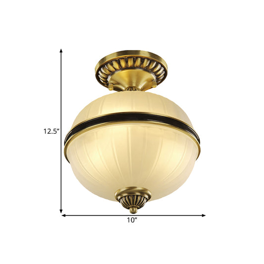 Farmhouse Ellipsoid Semi Flush Light 4/6-Head Ribbed Opal Glass Ceiling Lighting in Brass, 10"/12" Wide Clearhalo 'Ceiling Lights' 'Close To Ceiling Lights' 'Close to ceiling' 'Glass shade' 'Glass' 'Semi-flushmount' Lighting' 1515590