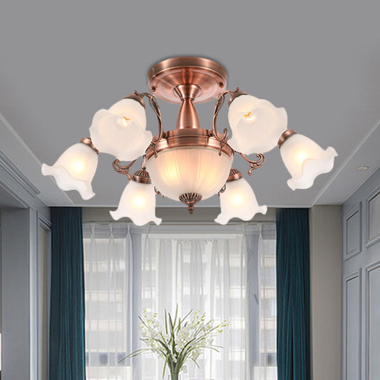 8 Bulbs Flower Semi Mount Lighting Rural Style Bronze/Brass/Copper Milky Glass Close to Ceiling Lamp with Scroll Arm Copper Clearhalo 'Ceiling Lights' 'Close To Ceiling Lights' 'Close to ceiling' 'Glass shade' 'Glass' 'Semi-flushmount' Lighting' 1515592