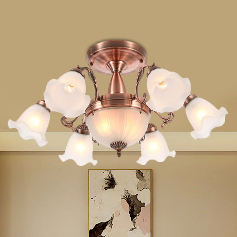 8 Bulbs Flower Semi Mount Lighting Rural Style Bronze/Brass/Copper Milky Glass Close to Ceiling Lamp with Scroll Arm Clearhalo 'Ceiling Lights' 'Close To Ceiling Lights' 'Close to ceiling' 'Glass shade' 'Glass' 'Semi-flushmount' Lighting' 1515593