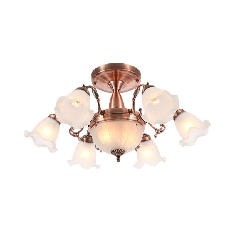 8 Bulbs Flower Semi Mount Lighting Rural Style Bronze/Brass/Copper Milky Glass Close to Ceiling Lamp with Scroll Arm Clearhalo 'Ceiling Lights' 'Close To Ceiling Lights' 'Close to ceiling' 'Glass shade' 'Glass' 'Semi-flushmount' Lighting' 1515594