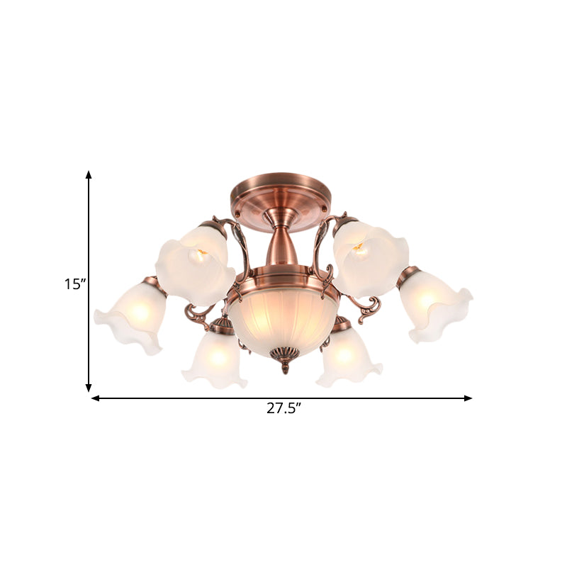 8 Bulbs Flower Semi Mount Lighting Rural Style Bronze/Brass/Copper Milky Glass Close to Ceiling Lamp with Scroll Arm Clearhalo 'Ceiling Lights' 'Close To Ceiling Lights' 'Close to ceiling' 'Glass shade' 'Glass' 'Semi-flushmount' Lighting' 1515595