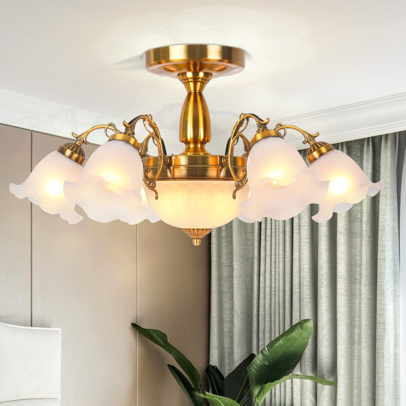 8 Bulbs Flower Semi Mount Lighting Rural Style Bronze/Brass/Copper Milky Glass Close to Ceiling Lamp with Scroll Arm Brass Clearhalo 'Ceiling Lights' 'Close To Ceiling Lights' 'Close to ceiling' 'Glass shade' 'Glass' 'Semi-flushmount' Lighting' 1515596
