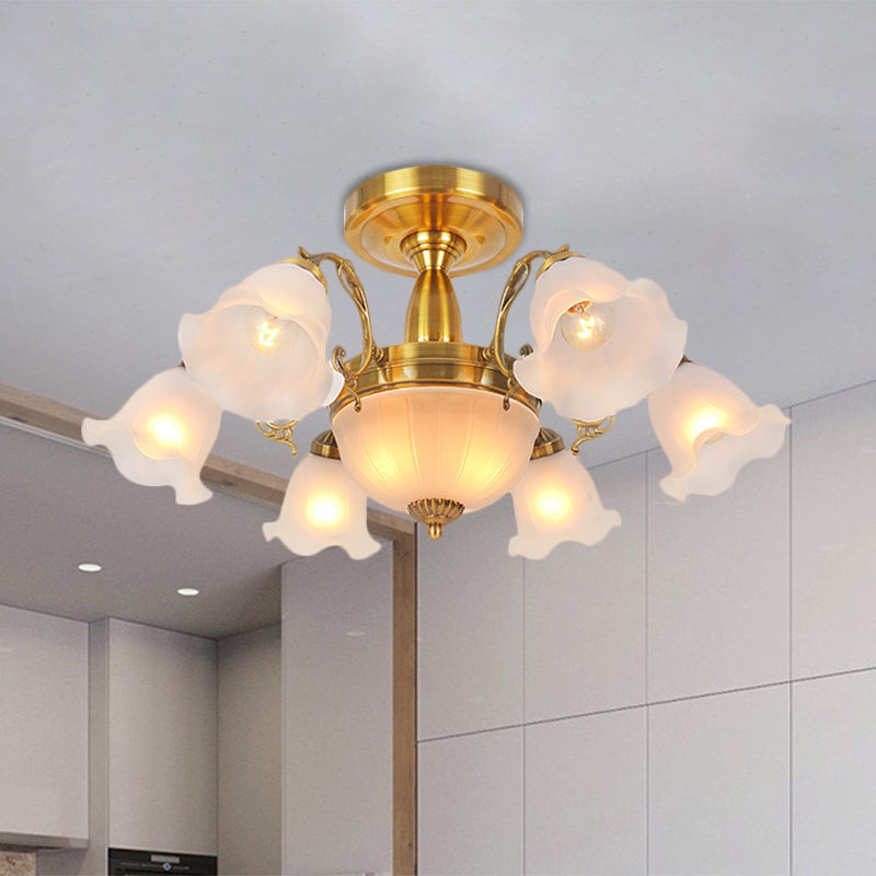 8 Bulbs Flower Semi Mount Lighting Rural Style Bronze/Brass/Copper Milky Glass Close to Ceiling Lamp with Scroll Arm Clearhalo 'Ceiling Lights' 'Close To Ceiling Lights' 'Close to ceiling' 'Glass shade' 'Glass' 'Semi-flushmount' Lighting' 1515597