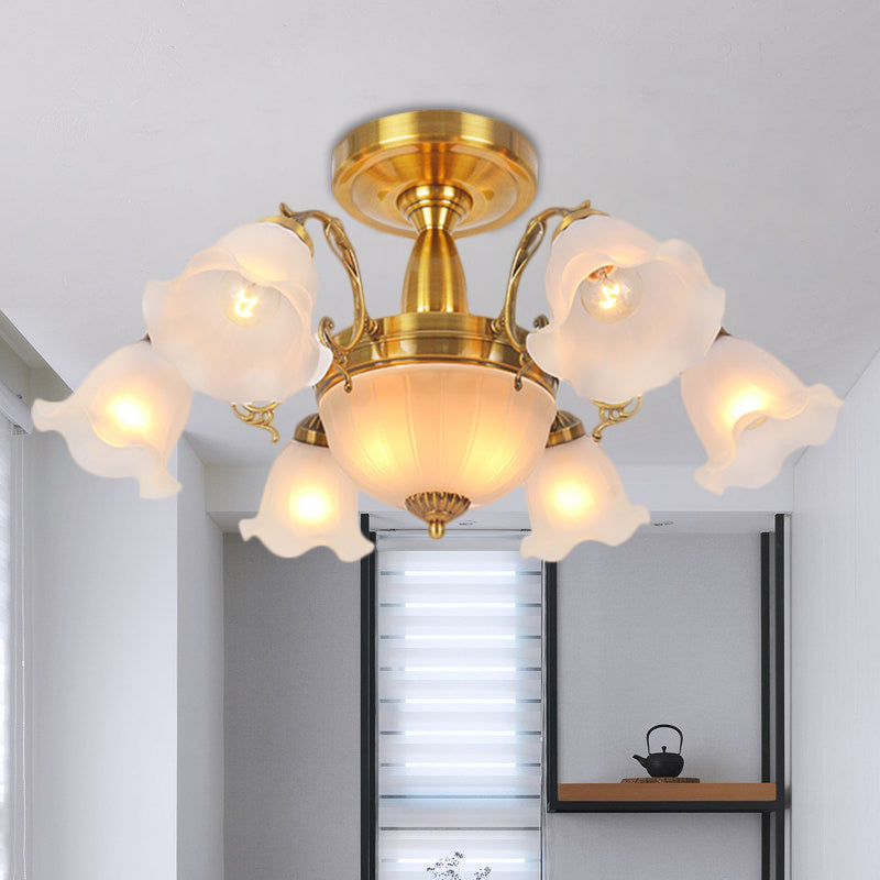 8 Bulbs Flower Semi Mount Lighting Rural Style Bronze/Brass/Copper Milky Glass Close to Ceiling Lamp with Scroll Arm Clearhalo 'Ceiling Lights' 'Close To Ceiling Lights' 'Close to ceiling' 'Glass shade' 'Glass' 'Semi-flushmount' Lighting' 1515598