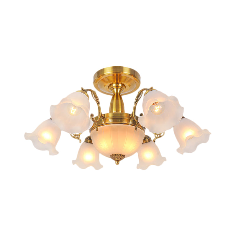 8 Bulbs Flower Semi Mount Lighting Rural Style Bronze/Brass/Copper Milky Glass Close to Ceiling Lamp with Scroll Arm Clearhalo 'Ceiling Lights' 'Close To Ceiling Lights' 'Close to ceiling' 'Glass shade' 'Glass' 'Semi-flushmount' Lighting' 1515599