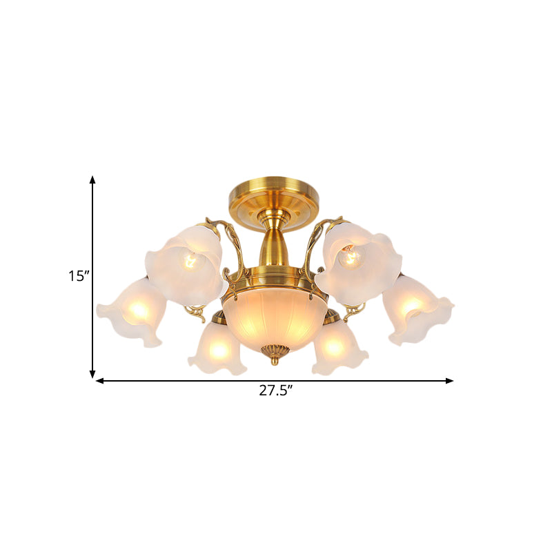 8 Bulbs Flower Semi Mount Lighting Rural Style Bronze/Brass/Copper Milky Glass Close to Ceiling Lamp with Scroll Arm Clearhalo 'Ceiling Lights' 'Close To Ceiling Lights' 'Close to ceiling' 'Glass shade' 'Glass' 'Semi-flushmount' Lighting' 1515600