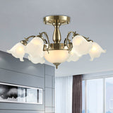 8 Bulbs Flower Semi Mount Lighting Rural Style Bronze/Brass/Copper Milky Glass Close to Ceiling Lamp with Scroll Arm Bronze Clearhalo 'Ceiling Lights' 'Close To Ceiling Lights' 'Close to ceiling' 'Glass shade' 'Glass' 'Semi-flushmount' Lighting' 1515601
