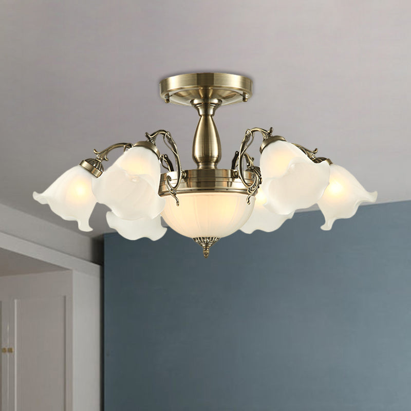 8 Bulbs Flower Semi Mount Lighting Rural Style Bronze/Brass/Copper Milky Glass Close to Ceiling Lamp with Scroll Arm Clearhalo 'Ceiling Lights' 'Close To Ceiling Lights' 'Close to ceiling' 'Glass shade' 'Glass' 'Semi-flushmount' Lighting' 1515602