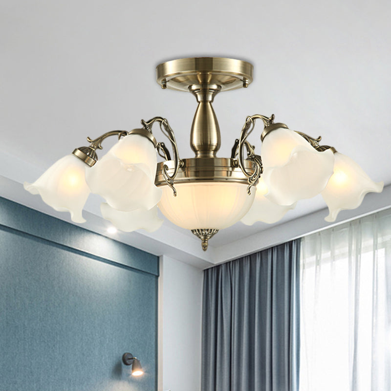 8 Bulbs Flower Semi Mount Lighting Rural Style Bronze/Brass/Copper Milky Glass Close to Ceiling Lamp with Scroll Arm Clearhalo 'Ceiling Lights' 'Close To Ceiling Lights' 'Close to ceiling' 'Glass shade' 'Glass' 'Semi-flushmount' Lighting' 1515603