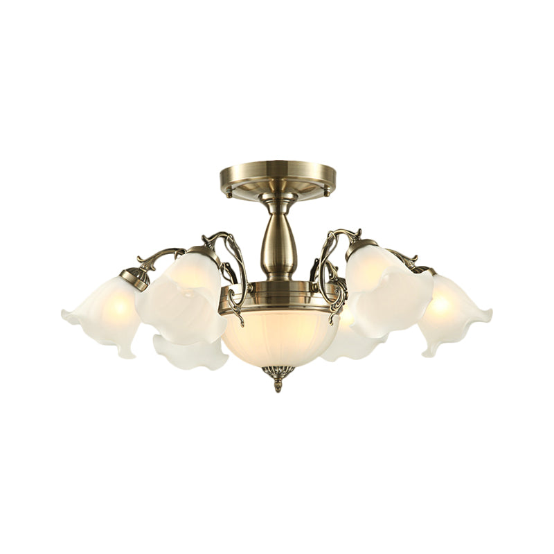 8 Bulbs Flower Semi Mount Lighting Rural Style Bronze/Brass/Copper Milky Glass Close to Ceiling Lamp with Scroll Arm Clearhalo 'Ceiling Lights' 'Close To Ceiling Lights' 'Close to ceiling' 'Glass shade' 'Glass' 'Semi-flushmount' Lighting' 1515604