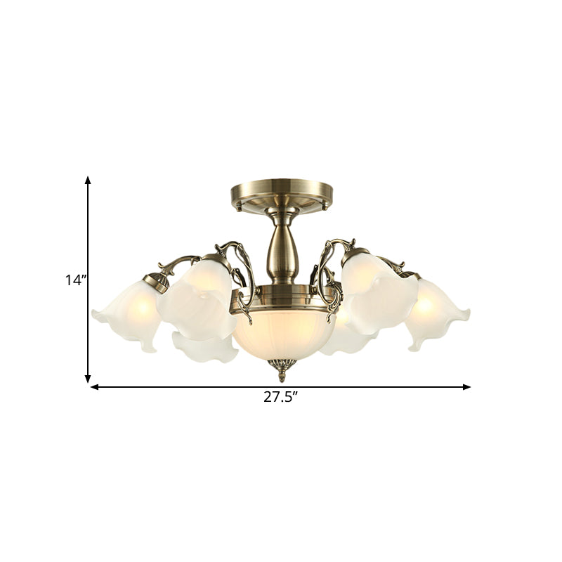 8 Bulbs Flower Semi Mount Lighting Rural Style Bronze/Brass/Copper Milky Glass Close to Ceiling Lamp with Scroll Arm Clearhalo 'Ceiling Lights' 'Close To Ceiling Lights' 'Close to ceiling' 'Glass shade' 'Glass' 'Semi-flushmount' Lighting' 1515605