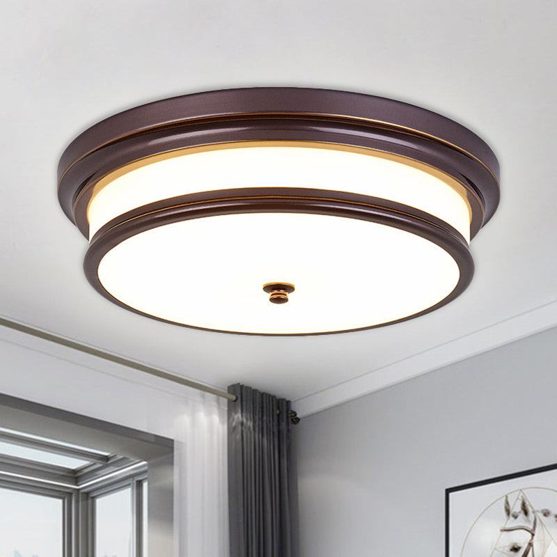 Drum-Like Corridor Ceiling Fixture Vintage Cream Glass Black/Gold LED Flush Mount Lighting, 14"/16" Width Black Clearhalo 'Ceiling Lights' 'Close To Ceiling Lights' 'Close to ceiling' 'Flush mount' Lighting' 1515610