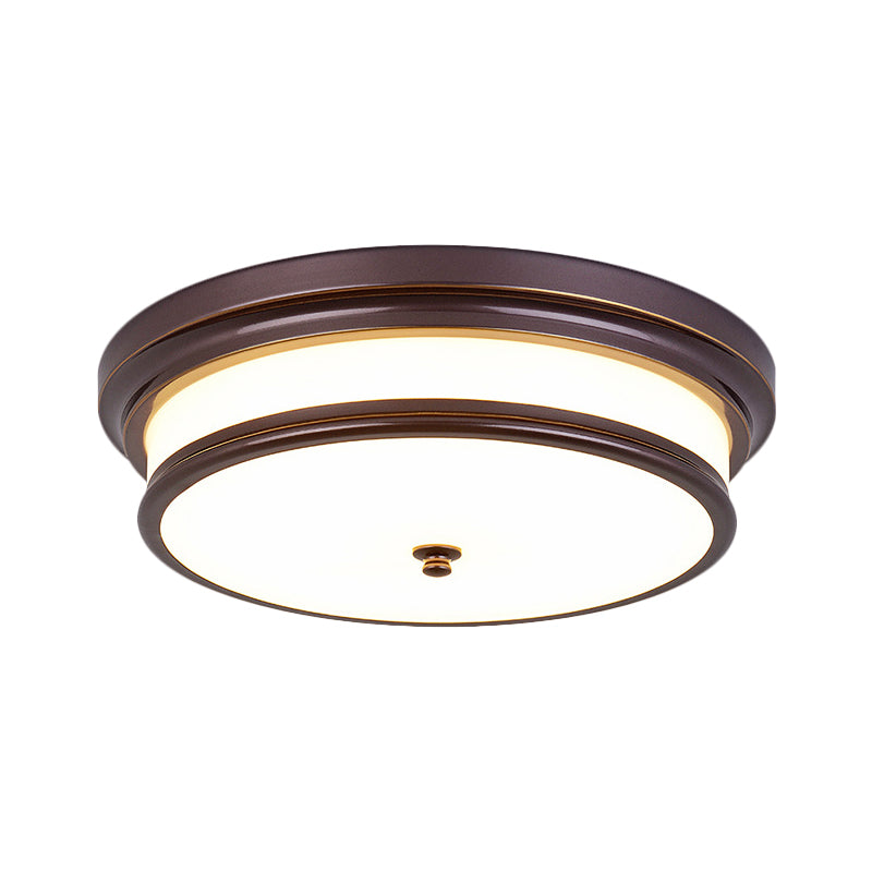Drum-Like Corridor Ceiling Fixture Vintage Cream Glass Black/Gold LED Flush Mount Lighting, 14"/16" Width Clearhalo 'Ceiling Lights' 'Close To Ceiling Lights' 'Close to ceiling' 'Flush mount' Lighting' 1515612