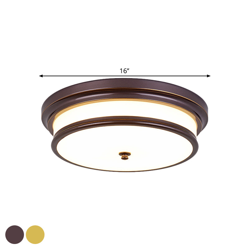 Drum-Like Corridor Ceiling Fixture Vintage Cream Glass Black/Gold LED Flush Mount Lighting, 14"/16" Width Clearhalo 'Ceiling Lights' 'Close To Ceiling Lights' 'Close to ceiling' 'Flush mount' Lighting' 1515614