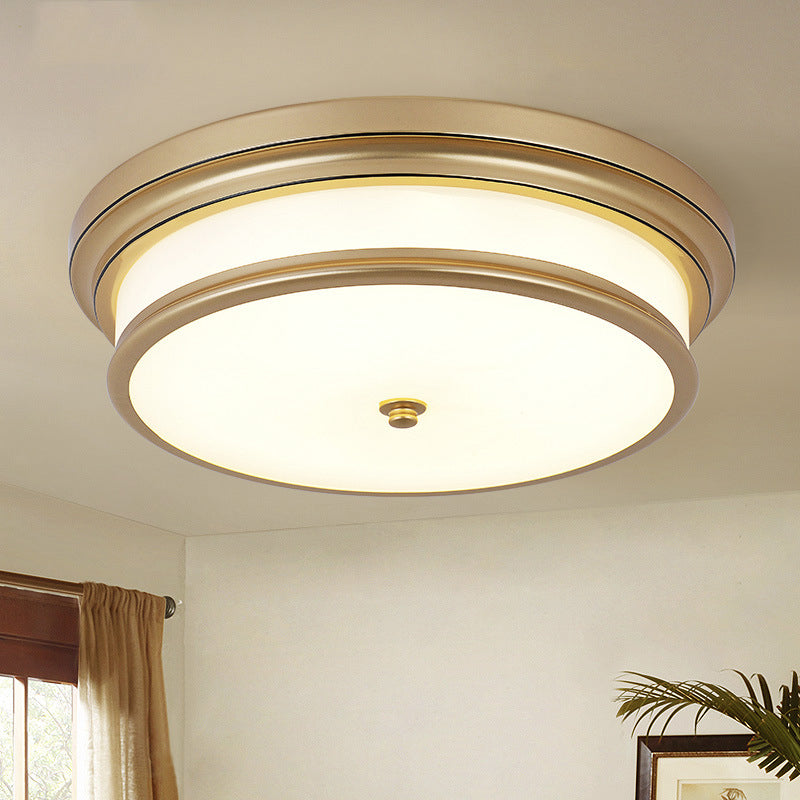 Drum-Like Corridor Ceiling Fixture Vintage Cream Glass Black/Gold LED Flush Mount Lighting, 14"/16" Width Gold Clearhalo 'Ceiling Lights' 'Close To Ceiling Lights' 'Close to ceiling' 'Flush mount' Lighting' 1515615