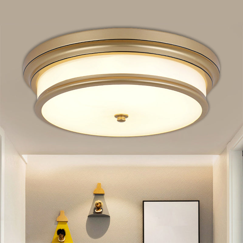 Drum-Like Corridor Ceiling Fixture Vintage Cream Glass Black/Gold LED Flush Mount Lighting, 14"/16" Width Clearhalo 'Ceiling Lights' 'Close To Ceiling Lights' 'Close to ceiling' 'Flush mount' Lighting' 1515616