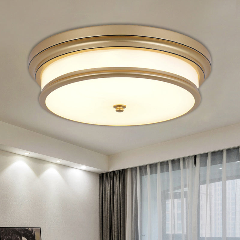 Drum-Like Corridor Ceiling Fixture Vintage Cream Glass Black/Gold LED Flush Mount Lighting, 14"/16" Width Clearhalo 'Ceiling Lights' 'Close To Ceiling Lights' 'Close to ceiling' 'Flush mount' Lighting' 1515617