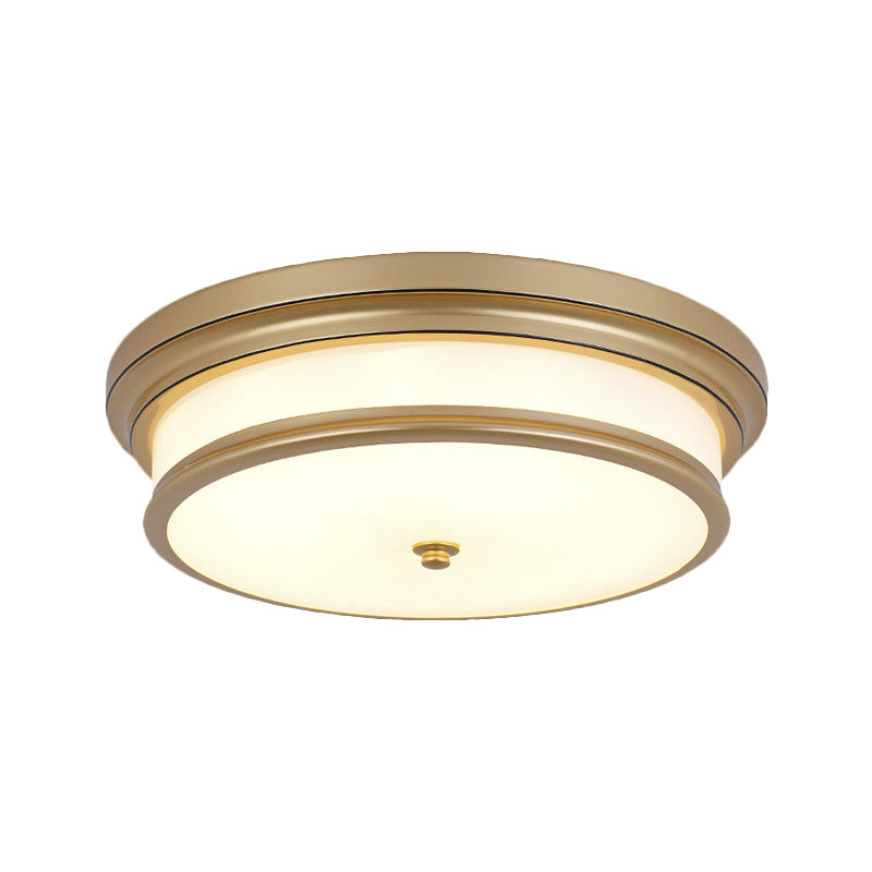 Drum-Like Corridor Ceiling Fixture Vintage Cream Glass Black/Gold LED Flush Mount Lighting, 14"/16" Width Clearhalo 'Ceiling Lights' 'Close To Ceiling Lights' 'Close to ceiling' 'Flush mount' Lighting' 1515618
