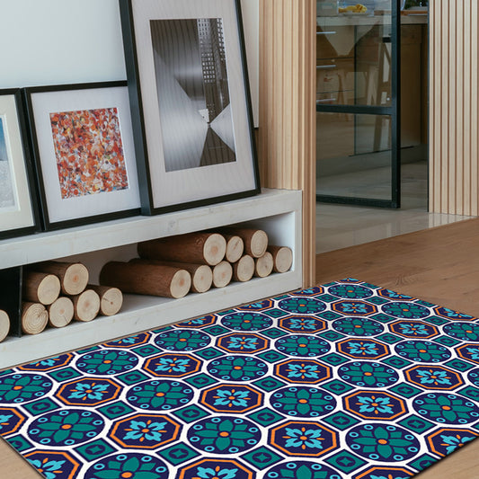 Oriental Geometry Flower Pattern Rug in Green Moroccan Rug Polyester Non-Slip Backing Area Rug for Bedroom Green