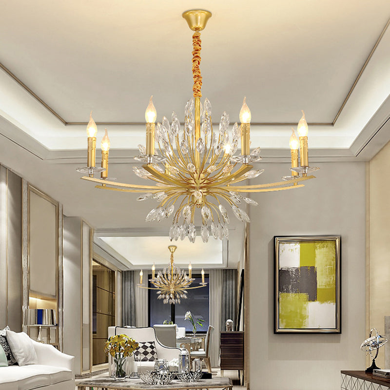 Brass Chandelier Lighting Vintage Metal 3/6/8 Heads Hanging Light Fixture with Open Bulb and Crystal Decoration 8 Brass Clearhalo 'Ceiling Lights' 'Chandeliers' 'Modern Chandeliers' 'Modern' Lighting' 151613